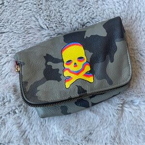 CORROON fold over  Camo Leather Skull Pouch Bag Clutch Camouflage Green